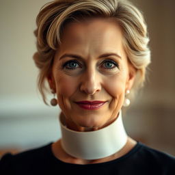 A striking portrait of a beautiful middle-aged woman resembling Meryl Streep, elegantly styled with soft lighting