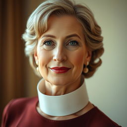 A striking portrait of a beautiful middle-aged woman resembling Meryl Streep, elegantly styled with soft lighting