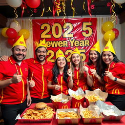 A lively scene celebrating New Year 2025 with two men and three women all wearing bright red and yellow McDonald's uniforms, filled with excitement and joy