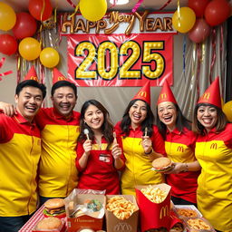A lively scene celebrating New Year 2025 with two men and three women all wearing bright red and yellow McDonald's uniforms, filled with excitement and joy
