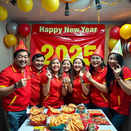 A lively scene celebrating New Year 2025 with two men and three women all wearing bright red and yellow McDonald's uniforms, filled with excitement and joy