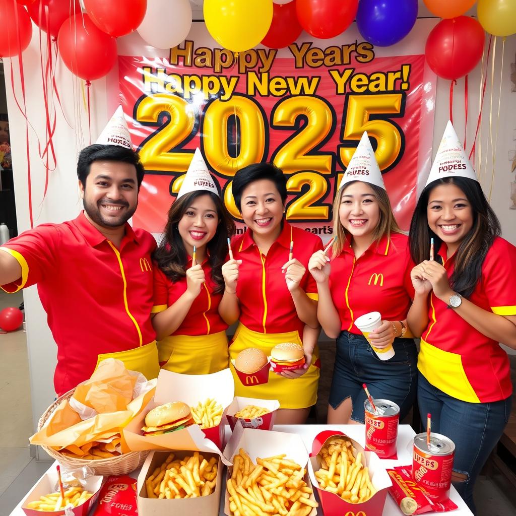A lively scene celebrating New Year 2025 with two men and three women all wearing bright red and yellow McDonald's uniforms, filled with excitement and joy