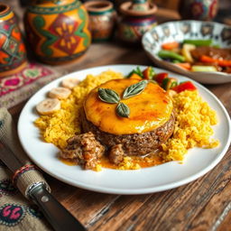 A traditional South African Bobotie dish beautifully presented in a rustic setting