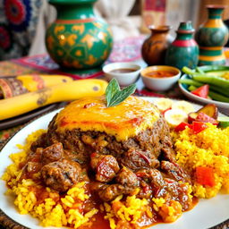 A traditional South African Bobotie dish beautifully presented in a rustic setting