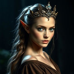 A captivating forest elf princess with her hair tied in a sleek ponytail, confidently looking directly at the camera