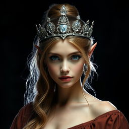 A captivating forest elf princess with her hair tied in a sleek ponytail, confidently looking directly at the camera