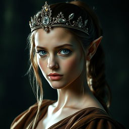 A captivating forest elf princess with her hair tied in a sleek ponytail, confidently looking directly at the camera