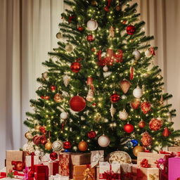 A festive scene capturing the celebration of Christmas on 25th December: a beautifully decorated Christmas tree, shiny ornaments, and delightful wrapped presents underneath it.