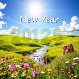A vibrant and joyful scene celebrating the New Year 2025, filled with sunshine illuminating a lush green landscape