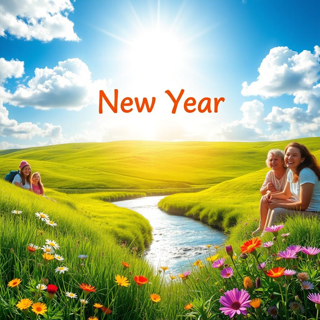 A vibrant and joyful scene celebrating the New Year 2025, filled with sunshine illuminating a lush green landscape