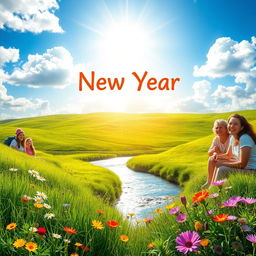 A vibrant and joyful scene celebrating the New Year 2025, filled with sunshine illuminating a lush green landscape