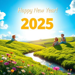 A vibrant and joyful scene celebrating the New Year 2025, filled with sunshine illuminating a lush green landscape