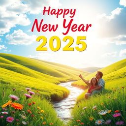 A vibrant and joyful scene celebrating the New Year 2025, filled with sunshine illuminating a lush green landscape