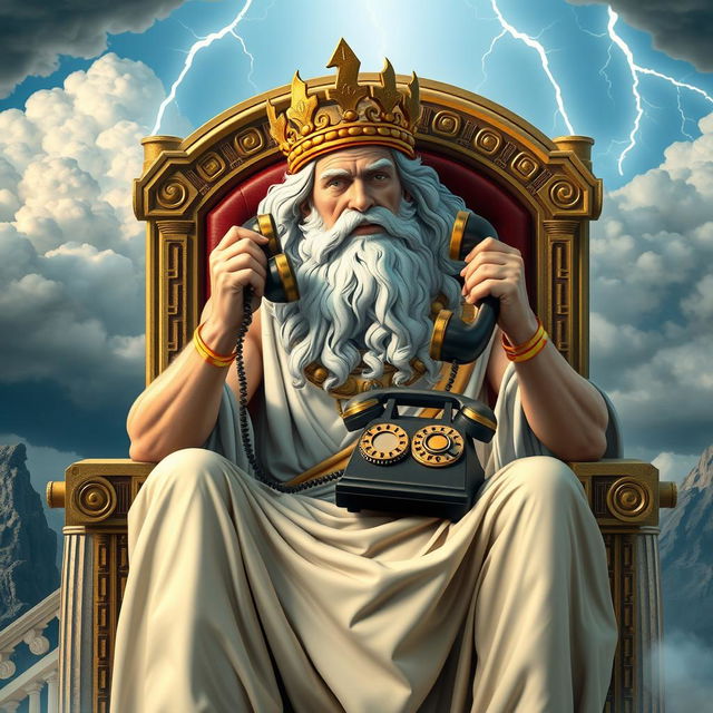 A creative depiction of Zeus, the Greek god, sitting on his majestic throne on Mount Olympus, engaged in a conversation on a vintage rotary telephone