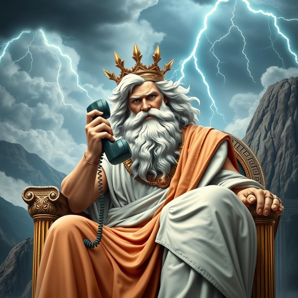 A creative depiction of Zeus, the Greek god, sitting on his majestic throne on Mount Olympus, engaged in a conversation on a vintage rotary telephone