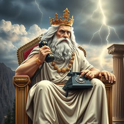 A creative depiction of Zeus, the Greek god, sitting on his majestic throne on Mount Olympus, engaged in a conversation on a vintage rotary telephone