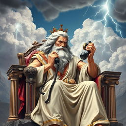A creative depiction of Zeus, the Greek god, sitting on his majestic throne on Mount Olympus, engaged in a conversation on a vintage rotary telephone