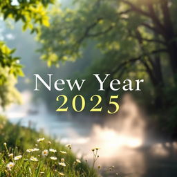 A serene and peaceful New Year 2025 greeting prominently displayed in elegant, bold text