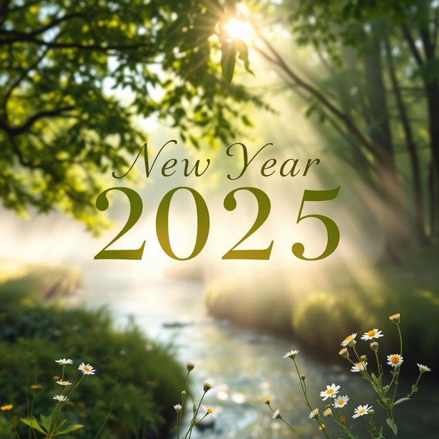 A serene and peaceful New Year 2025 greeting prominently displayed in elegant, bold text