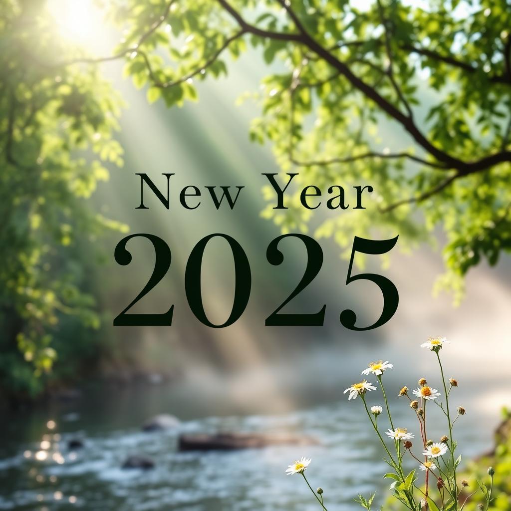 A serene and peaceful New Year 2025 greeting prominently displayed in elegant, bold text