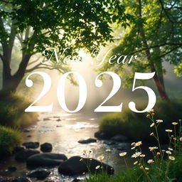A serene and peaceful New Year 2025 greeting prominently displayed in elegant, bold text