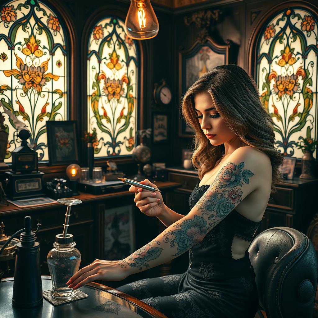 An Art Nouveau tattoo artist in a beautifully decorated studio, showcasing intricate floral designs and elegant curves characteristic of the Art Nouveau style