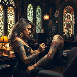 An Art Nouveau tattoo artist in a beautifully decorated studio, showcasing intricate floral designs and elegant curves characteristic of the Art Nouveau style