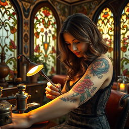 An Art Nouveau tattoo artist in a beautifully decorated studio, showcasing intricate floral designs and elegant curves characteristic of the Art Nouveau style