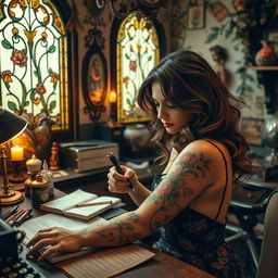 An Art Nouveau tattoo artist in a beautifully decorated studio, showcasing intricate floral designs and elegant curves characteristic of the Art Nouveau style