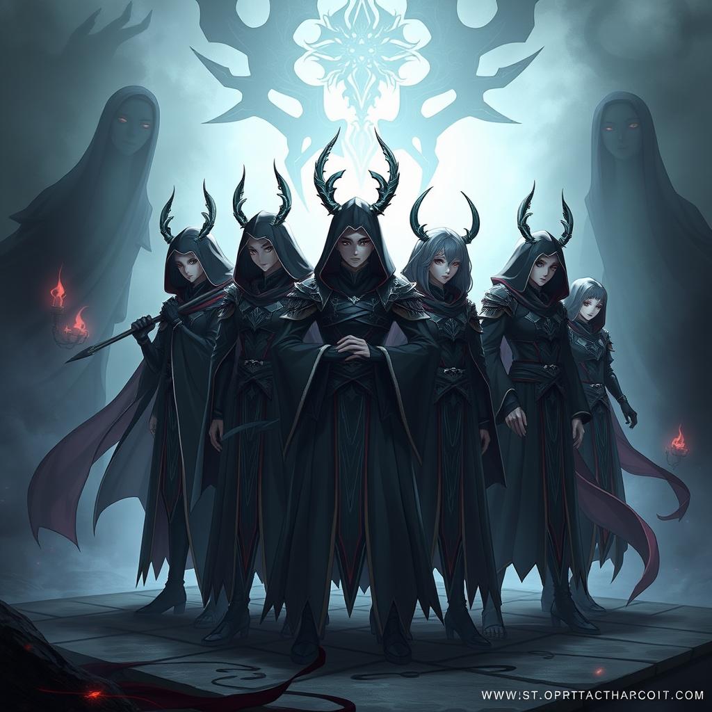 A captivating scene featuring the six Archons from Genshin Impact: Zhongli, Venti, Shongun Ei, Nahida, Focalors, and Mavuika, standing in a circle