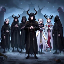 A captivating scene featuring the six Archons from Genshin Impact: Zhongli, Venti, Shongun Ei, Nahida, Focalors, and Mavuika, standing in a circle