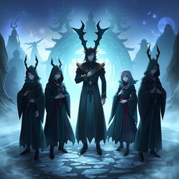 A captivating scene featuring the six Archons from Genshin Impact: Zhongli, Venti, Shongun Ei, Nahida, Focalors, and Mavuika, standing in a circle