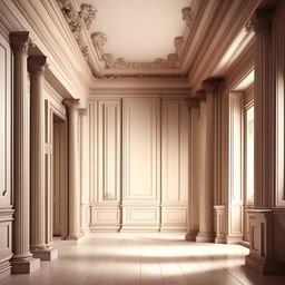 Render a neoclassical room, notable for its crooked short walls, emphasizing on intricate detailing typical of the neoclassical style