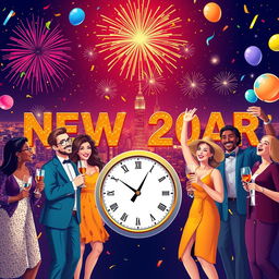 A vibrant New Year's celebration scene featuring a diverse group of adults joyously welcoming the new year