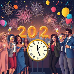 A vibrant New Year's celebration scene featuring a diverse group of adults joyously welcoming the new year
