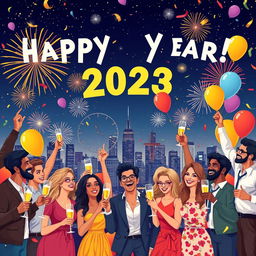A vibrant New Year's celebration scene featuring a diverse group of adults joyously welcoming the new year