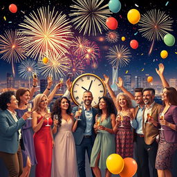 A vibrant New Year's celebration scene featuring a diverse group of adults joyously welcoming the new year