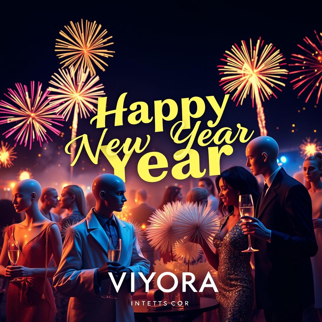 A vibrant and festive New Year greeting card design for the clothing brand Viyora