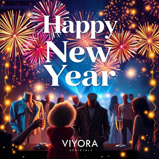 A vibrant and festive New Year greeting card design for the clothing brand Viyora