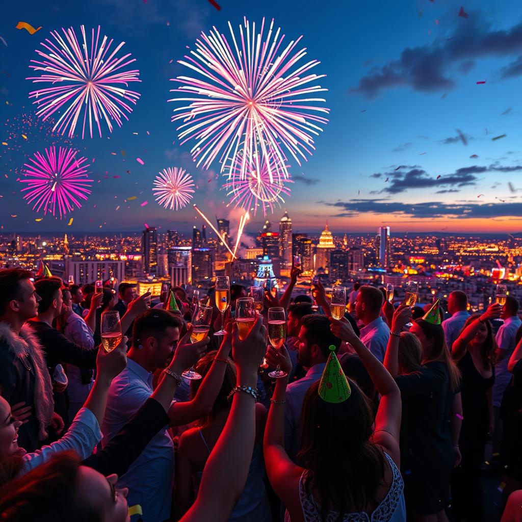 A vibrant celebration of New Year's Eve 2025, featuring a dazzling fireworks display lighting up the night sky over a picturesque city skyline