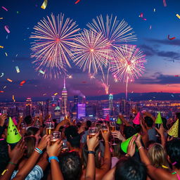 A vibrant celebration of New Year's Eve 2025, featuring a dazzling fireworks display lighting up the night sky over a picturesque city skyline