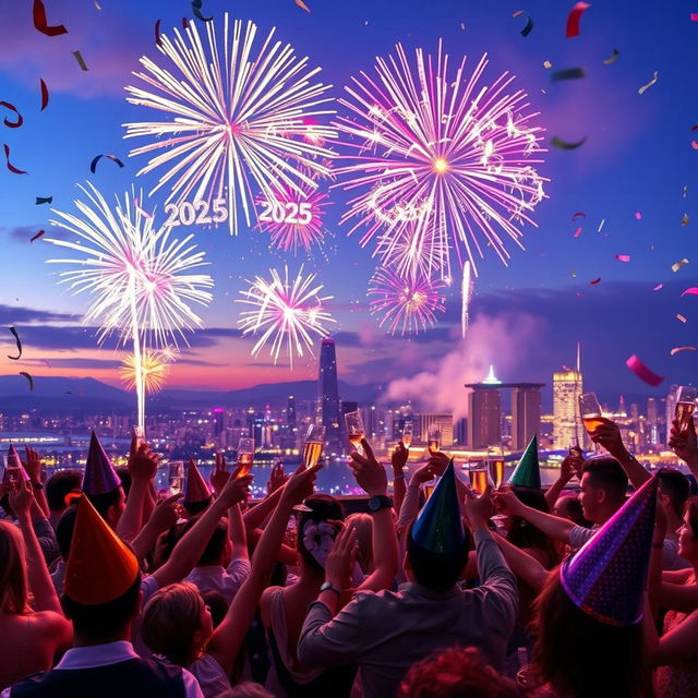 A vibrant celebration of New Year's Eve 2025, featuring a dazzling fireworks display lighting up the night sky over a picturesque city skyline