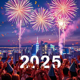 A vibrant celebration of New Year's Eve 2025, featuring a dazzling fireworks display lighting up the night sky over a picturesque city skyline