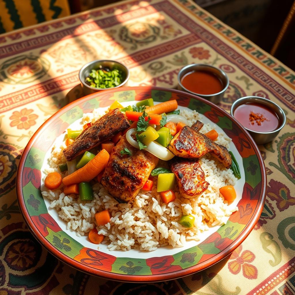 A colorful and vibrant Thieboudienne dish, beautifully arranged on a traditional Senegalese plate