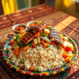 A colorful and vibrant Thieboudienne dish, beautifully arranged on a traditional Senegalese plate
