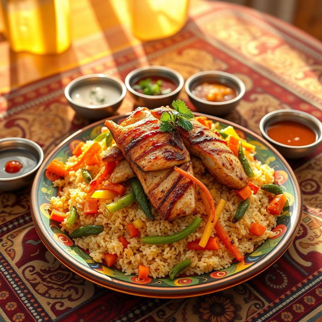 A colorful and vibrant Thieboudienne dish, beautifully arranged on a traditional Senegalese plate