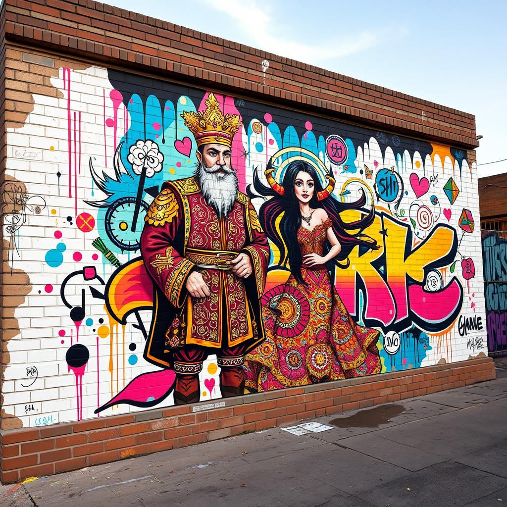 A vibrant and dynamic graffiti mural depicting the legendary Persian characters Anoushiravan and Zohreh