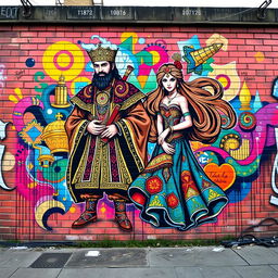 A vibrant and dynamic graffiti mural depicting the legendary Persian characters Anoushiravan and Zohreh