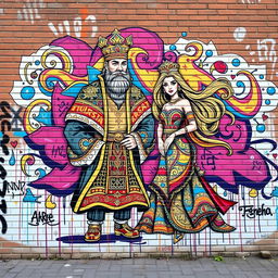 A vibrant and dynamic graffiti mural depicting the legendary Persian characters Anoushiravan and Zohreh