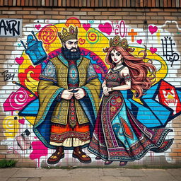 A vibrant and dynamic graffiti mural depicting the legendary Persian characters Anoushiravan and Zohreh